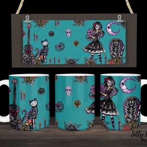 Halloween Teal Blue Gothic Mädchen Katzenskelette Sublimationsbecher Design, 11 Unze (oder 12 Unze) & 15 Unze Full Wrap Vorlage, PNG Sofortiger digitaler Download