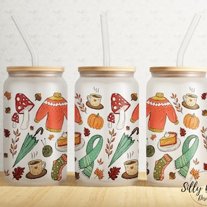 Herfst collage truien sjaals bladeren Thanksgiving 16 oz Libbey glas kan Tumbler sublimatie ontwerp, volledige wrap sjabloon PNG digitale download