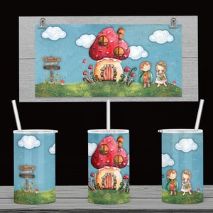 Sprookjesachtige Jongen & Meisje Elf Paddestoelhuis Sublimatie Rechte Sippy Cup Tumbler Design, 12 oz. Volledige wrap-sjabloon voor kinderen, digitale download