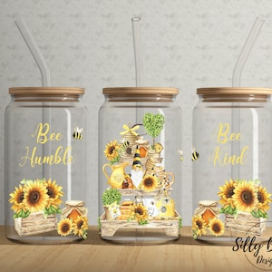 Bee Humble Bee Kind w Sunflowers Bees Gnome 16 oz Libbey Glass Can Tumbler Sublimation Design, Full Wrap Template PNG Digital Download