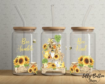Bee Humble Bee Kind w Sunflowers Bees Gnome 16 oz Libbey Glass Can Tumbler Sublimation Design, Full Wrap Template PNG Digital Download