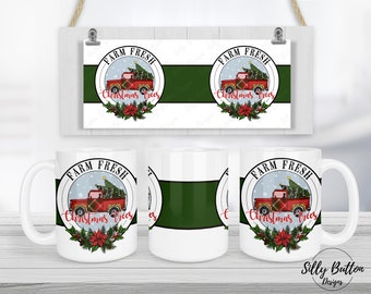 Farm Fresh Christmas Trees Vintage Red Truck Plaid Sublimation Mug Design 11oz (or 12oz) and 15oz, Full Wrap Template, PNG Digital Download