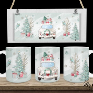 Noël vintage voiture camion arbres flocons de neige Sublimation Mug Design, 11 oz (ou 12 oz) et 15 oz, modèle de tasse enveloppante, téléchargement numérique PNG