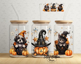 Halloween Fall Animals in Witch Hats with Pumpkins 16oz Libbey Glass Can Tumbler Sublimation Design Full Wrap Template, PNG Digital Download