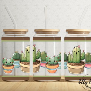 Kaktus Kawaii Braun und Grün Botanische 16 Unze Libbey Glasdose Becher Sublimationsdesign, Full Wrap Vorlage PNG Digital Download