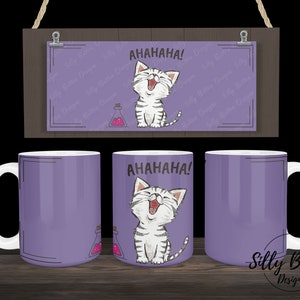 Cat Laughing Purple Cartoon Cute Kitty Kittens Sublimation Mug Design 11oz (or 12oz) and 15oz, Full Wrap Template, PNG Digital Download