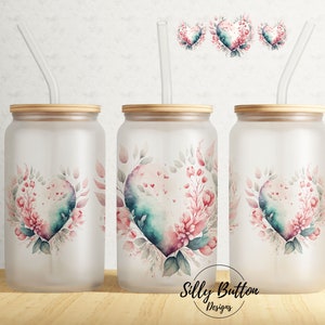 Herzen mit Blumen lieben Valentinstag Herzen 16 Unze Libbey Glasdose Becher Sublimation Design Full Wrap Vorlage PNG Digital Download