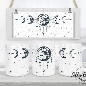 Maanfasen hemelse hemel sublimatie mok ontwerp, 11oz (of 12oz.) en 15oz, volledige wrap cup sjabloon, PNG digitale download