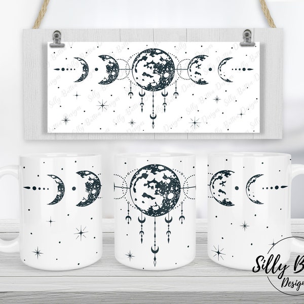 Moon Phases Celestial Sky Sublimation Mug Design, 11oz (or 12oz.) and 15oz, Full Wrap Cup Template, PNG Digital Download
