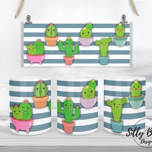 Ingemaakte cactus met schattige gezichten Kawaii stijl sublimatie mok ontwerp 11oz (of 12oz) en 15oz, volledige wrap sjabloon, PNG digitale download