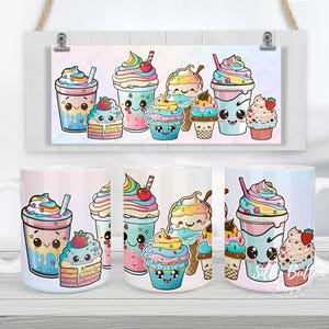 Kawaii Kaffee, Latte Getränke Desserts Cupcakes Kuchen Sublimationsbecher Design 11 Unze (oder 12 Unze) und 15 Unze Full Wrap Vorlage, PNG Digital Download