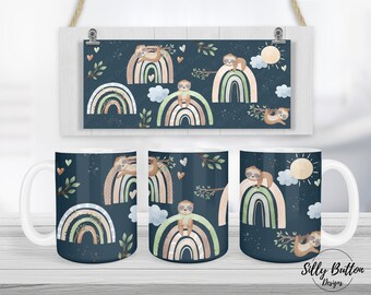 Sloth with Boho Rainbows Blue Green Cute Sublimation Mug Design, 11oz (or 12oz) and 15oz, Full Wrap Cup Template, PNG Digital Download