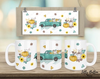 Fall Teal Blue Vintage Truck  w Pumpkins Sublimation Mug Design, 11oz (or 12oz) & 15oz, Full Wrap Template, PNG Instant Digital Download