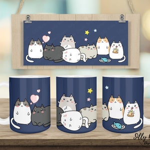 Style kawaii chats coeurs étoiles mignon fond bleu Sublimation Mug Design 11 oz (ou 12 oz) et 15 oz, modèle d'emballage complet, téléchargement numérique PNG