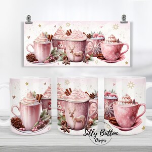 May include: Three pink mugs with white snowflakes and a white rim, each filled with a pink hot chocolate topped with whipped cream and a cinnamon stick. The mugs are on a white background with a pink and white design.