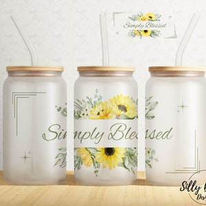 Einfach gesegnete Sonnenblumen Religiöser Bibel Vers 16 oz Libbey Glasdose Becher Sublimationsdesign, Full Wrap Vorlage PNG Digitaler Download