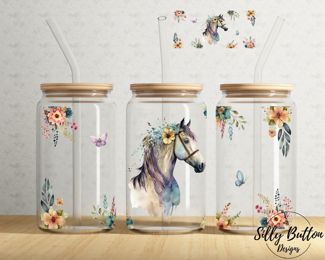 Horse With Flowers Spring 16 Oz Libbey Glass Can Tumbler Sublimation ...