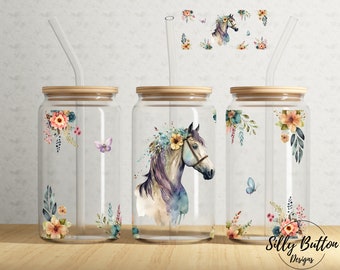Caballo con flores Primavera 16 oz Libbey Glass Can Tumbler Diseño de sublimación, Plantilla de envoltura completa transparente PNG Descarga digital imprimible