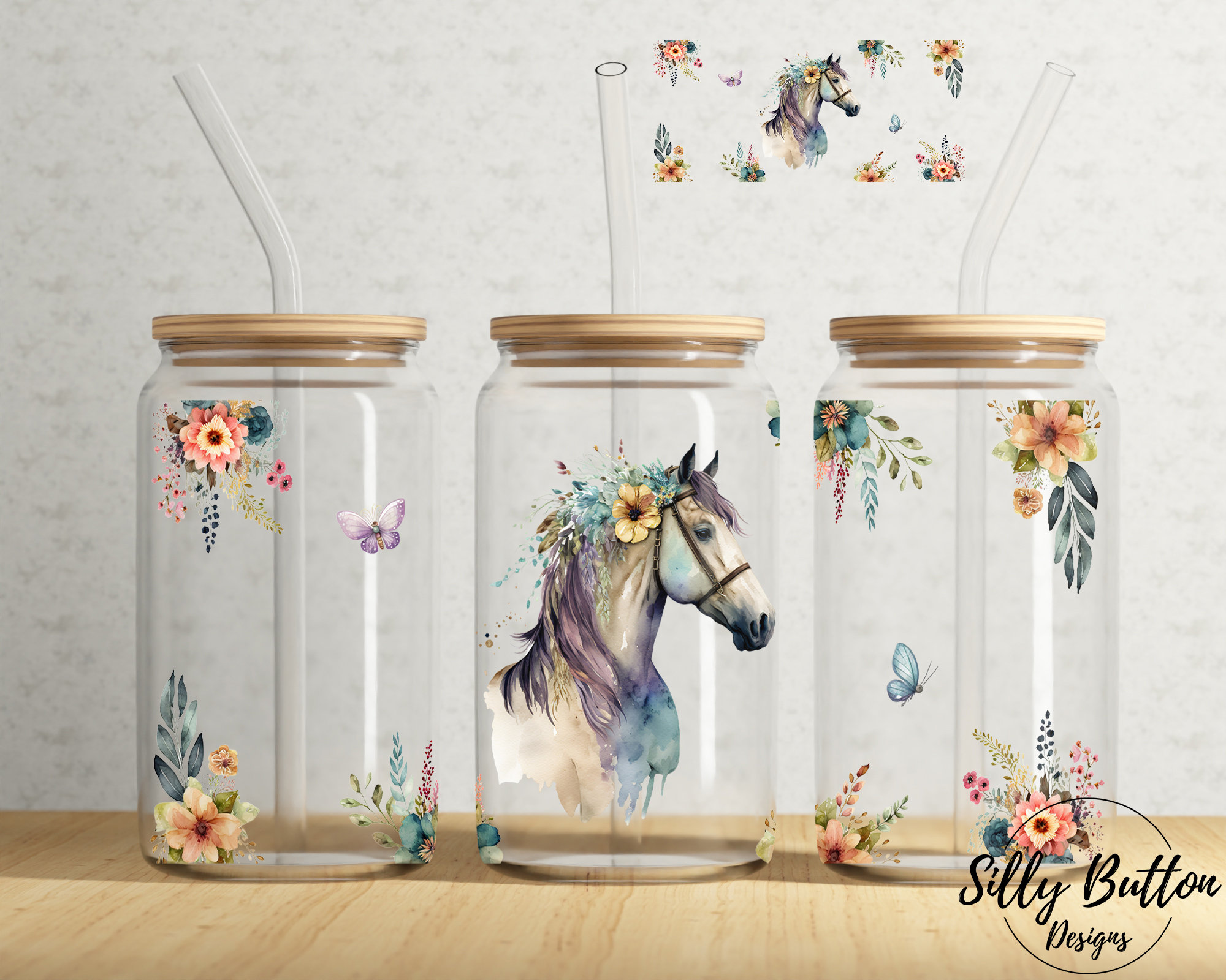 Horse With Flowers Spring 16 Oz Libbey Glass Can Tumbler Sublimation ...