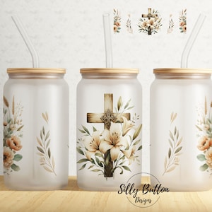 Cruz con flores Fe religiosa 16 oz Libbey Glass Can Tumbler Diseño de sublimación, plantilla de envoltura completa PNG Descarga digital