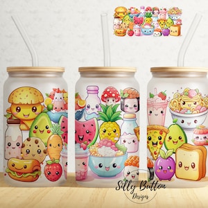 Kawaii Food Collage süße Pizza Sushi-Nudeln 16 Unzen Libbey Glasdose Becher Sublimation Design Full Wrap Vorlage, PNG Digital Download