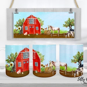 Farm with Red Barn, Horses, Cows, Pig, Chickens Sublimation Mug Design, 11oz (or 12oz.) and 15oz, Full Wrap Cup Template, Digital Download