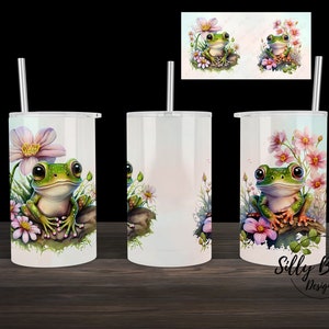 Gobelet droit à sublimation animaux printaniers grenouilles avec fleurs 12 oz. Modèle d'emballage complet de tasse pour enfant PNG à téléchargement numérique