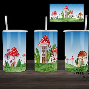 Mushroom House Fairy Landscape Scene Sublimazione Bicchiere dritto con beccuccio, 12 once. Modello di avvolgimento completo della tazza per bambini, download digitale PNG