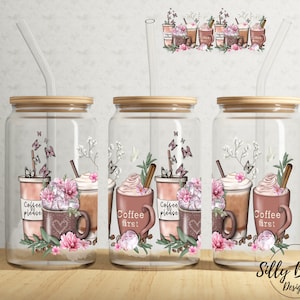 Café Primer café Por favor Latte Bebidas Tazas 16 oz Libbey Glass Can Tumbler Diseño de sublimación Plantilla de envoltura completa PNG Descarga digital