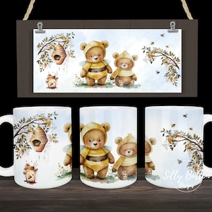 Bears in Bee Costumes Getting Honey Cute Animals Sublimation Mug Design 11oz (or 12oz) and 15oz, Full Wrap Template, PNG Digital Download
