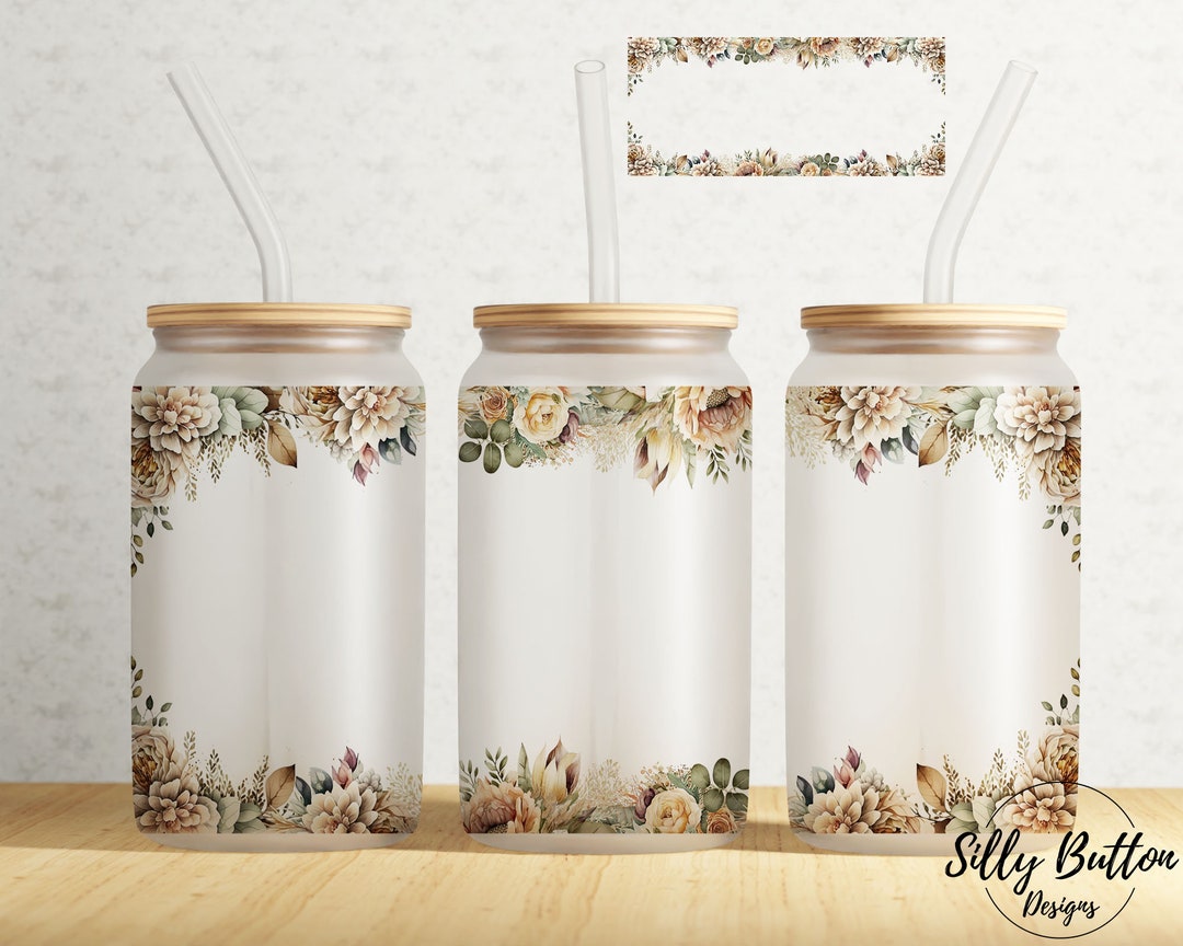 Boho Flowers Tan Brown Springtime Room for Text 16 Oz Libbey Glass Can ...