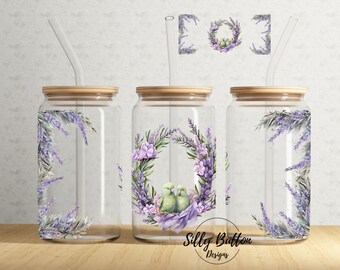 Purple Lavender Spring Flowers with Green Birds 16 oz Libbey Glass Can Tumbler Sublimation Design Full Wrap Template PNG Digital Download
