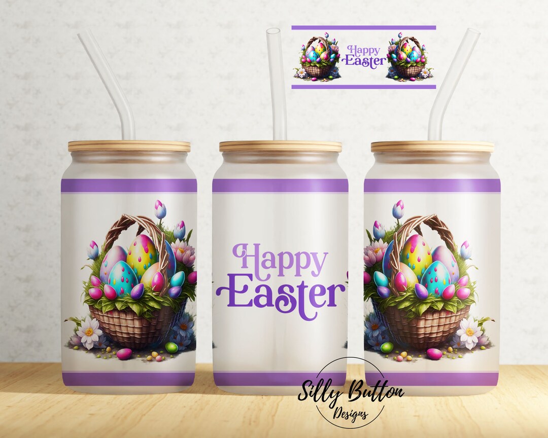 Purple Happy Easter Baskets With Eggs Springtime 16 Oz Libbey Glass Can ...