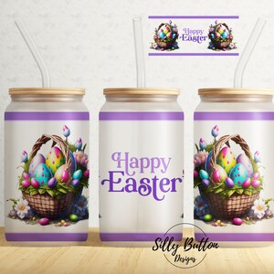 Paarse Happy Easter-manden met eieren lente 16 oz Libbey glas kan Tumbler sublimatie ontwerp volledige wrap sjabloon, PNG digitale download