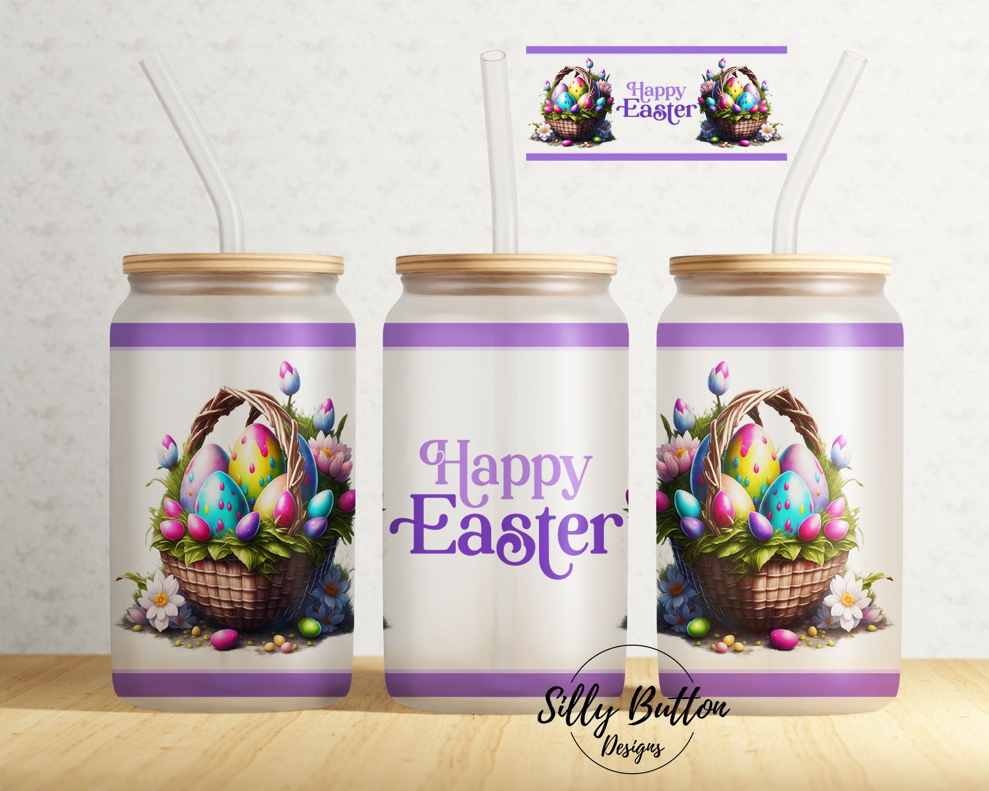 Purple Happy Easter Baskets With Eggs Springtime 16 Oz Libbey Glass Can ...