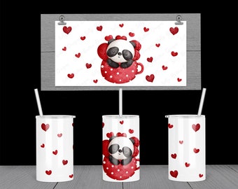Panda in a Cup with Hearts Sublimation Straight Sippy Cup Tumbler Design, 12 oz. Kid's Full Wrap Template PNG Digital Download
