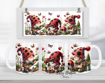 Red Ladybug Gnomes in the Garden Spring Sublimation Mug Design, 11oz (or 12oz) & 15oz, Full Wrap Template, PNG Instant Digital Download