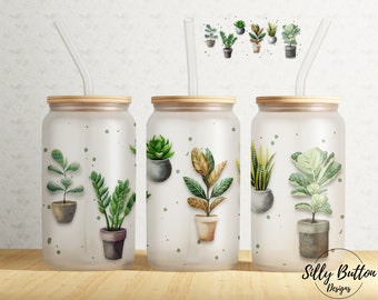 Potted Cactus Floral Botanical Green Cacti 16 oz Libbey Glass Can Tumbler Sublimation Design Full Wrap Template, PNG Digital Download