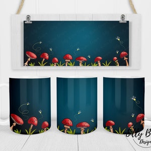 Design de caneca de sublimação azul de cogumelos e vaga-lumes, adicione seu próprio texto, 11 onças (ou 12 onças) e 15 onças, modelo de envoltório completo, download digital PNG