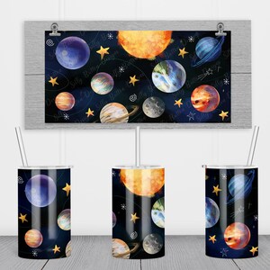 Diseño de vaso recto para sorber con sublimación de planetas del sistema solar del espacio exterior, 12 oz. Plantilla de envoltura completa para niños, descarga digital