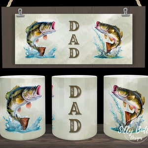 Papà Bass Fish Fishing Hobby Festa del papà Sublimazione Mug Design 11 once (o 12 once) e 15 once Modello di avvolgimento completo PNG Download digitale