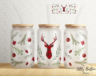 Christmas Red Black Plaid Deer Ornaments 16 oz Libbey Glass Can Tumbler Sublimation Design, Full Wrap Template PNG Digital Download