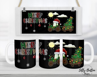 Merry Christmas Green Tractor Tree Black Background Sublimation Mug Design 11oz (or 12oz) and 15oz, Full Wrap Template, PNG Digital Download