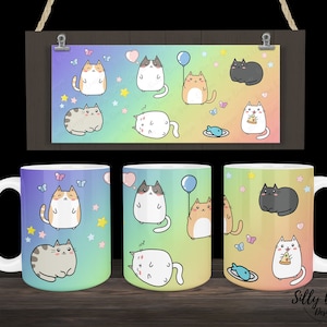 Kawaii Style Cats Pastel Rainbow Cute Kitty Kittens Sublimación Taza Diseño 11oz (o 12oz) y 15oz, Plantilla de envoltura completa, Descarga digital PNG