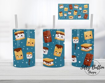 Könnte beinhalten: Drei Edelstahlbecher mit Deckel und Strohhalmen. Jeder Becher hat einen blauen Hintergrund mit einem Muster aus Comic-Marshmallow, Schokoladentafeln und Graham-Crackern. Der Text "Silly Button Designs" ist unten im Bild sichtbar.