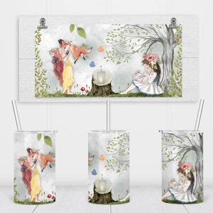 Sprookjesbosscène Meisjes en dieren Sublimatie Rechte Sippy Cup Tumbler Design, 12 oz. Volledige wrap-sjabloon voor kinderen, digitale download