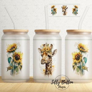 Giraffe with Sunflowers Floral Spring Flowers 16oz Libbey Glass Can Tumbler Sublimation Design Full Wrap Template, PNG Digital Download