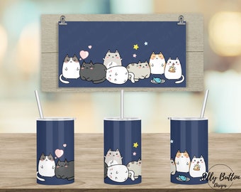 Cats Blue Background Cute Kawaii Style Sublimation Straight Sippy Cup Tumbler Design 12 oz. Kid's Full Wrap PNG Template Digital Download