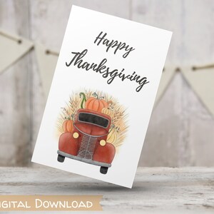 Carte d'automne automne Thanksgiving avec camion vintage, citrouilles, récolte, carte de voeux de vacances imprimable JPG 5 x 7 en téléchargement, blanc à l'intérieur