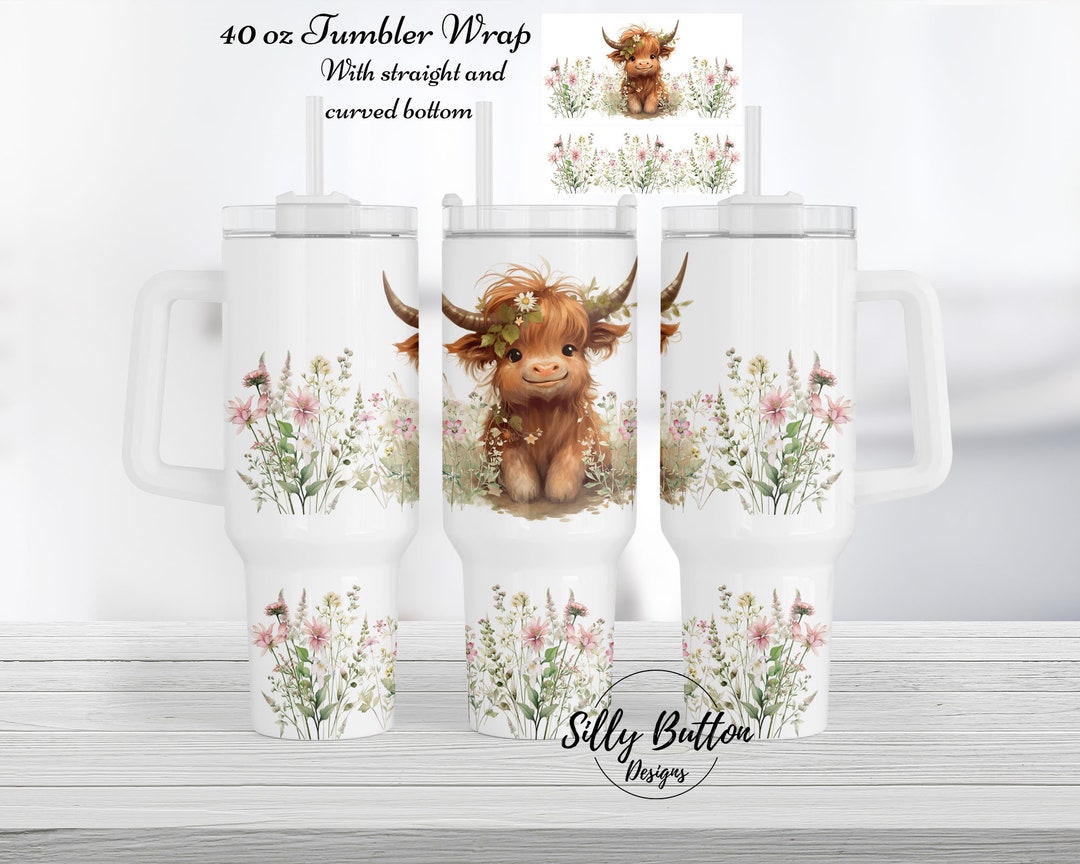 Baby Highland Cow With Flowers 40 Oz. Tumbler Wrap Sublimation Design ...